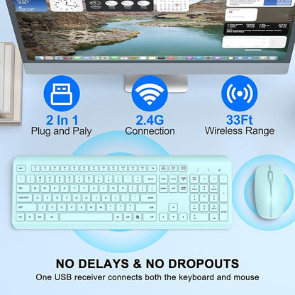 Wireless Keyboard and Mouse Combo, Full-Size Silent Ergonomic Keyboard and Optical Mouse, Long Battery Life, 2.4GHz Lag-Free Cordless Mice Keyboard for Computer, Mac, Laptop, PC, Windows(Green)
