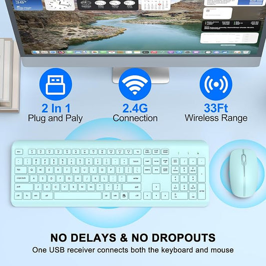 Wireless Keyboard and Mouse Combo, Full-Size Silent Ergonomic Keyboard and Optical Mouse, Long Battery Life, 2.4GHz Lag-Free Cordless Mice Keyboard for Computer, Mac, Laptop, PC, Windows(Green)