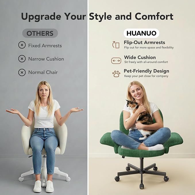 HUANUO Criss Cross Office Chair for Women, Cross Legged Desk Chair with Adjustable Armrests, Soft Corduroy Fabric for Small Spaces, Petite Home Office Computer Chair for Girls, Deep Green