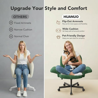 HUANUO Criss Cross Office Chair for Women, Cross Legged Desk Chair with Adjustable Armrests, Soft Corduroy Fabric for Small Spaces, Petite Home Office Computer Chair for Girls, Deep Green