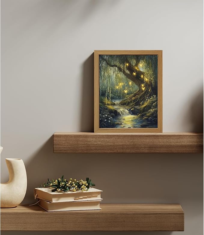 CXQILVER Vintage Enchanted Forest Framed Canvas Wall Art, Mystical Willow Tree and Glowing Butterflies Landscape Painting, Dark Cottagecore Nature Wall Decor for Bedroom Living Room Bathroom 8x10in