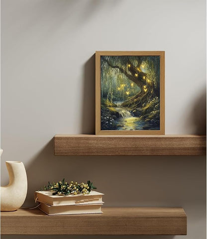CXQILVER Vintage Enchanted Forest Framed Canvas Wall Art, Mystical Willow Tree and Glowing Butterflies Landscape Painting, Dark Cottagecore Nature Wall Decor for Bedroom Living Room Bathroom 8x10in