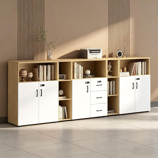 File Cabinet with Password Lock, Wood Lateral Filing Cabinet for Letter/A4 Files, 3 Drawer with Door, Printer Stand with Open Shelves for Home Office