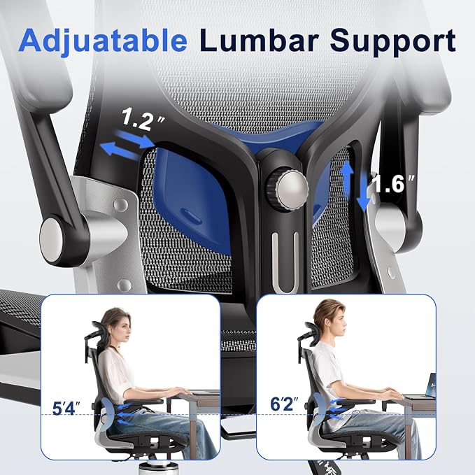 marrap Ergonomic Office Chair, Mesh Seat Cushion with 3D Armrests and 3D Headrest, Adjustable Lumbar Support with 90-120° Rocking Function for Home Office, Black