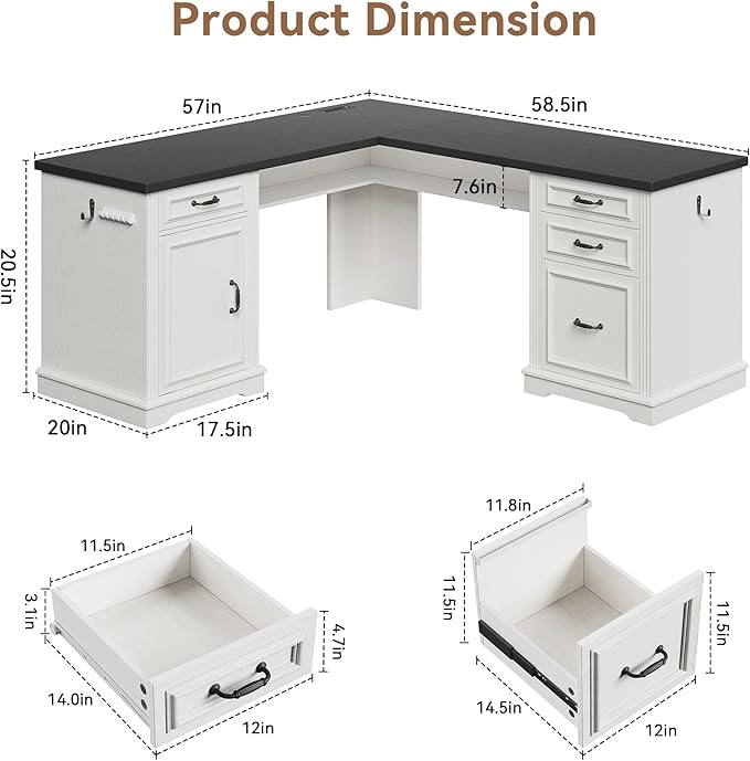 Farmhouse L Shaped Executive Desk with 4 Drawers and Charging Station, Wood Corner Home Office Computer Desk with File Cabinet Storage, Hidden Under Desk Storage Shelf, Headphone Hook - Black+White