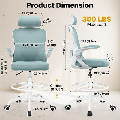 Drafting Chair, Tall Office Chair for Standing Desk, Ergonomic High Back with Headrest, Lumbar Support, Foot Ring and Flip-up Armrests, Light Blue