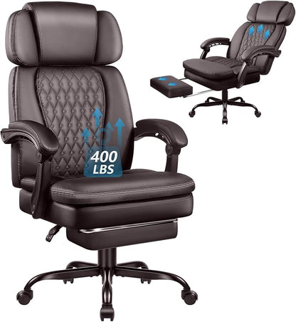 Office Desk Chair with Foot-Rest 400lbs, Heavy Duty Executive Office Chair, Comfy High Back Ergonomic PU Leather Reclining Desk Chair with Lumbar Support, Brown
