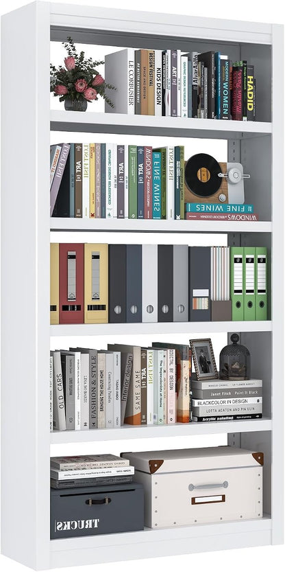 69" Tall White Metal Bookshelf, 5-Tier Adjustable Bookcase, Easy Assembly Modern Storage Shelf for Office, Home, Living Room, Library, School