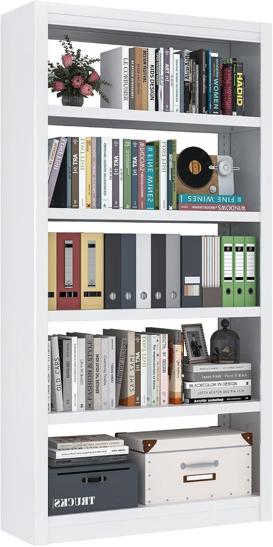 69" Tall White Metal Bookshelf, 5-Tier Adjustable Bookcase, Easy Assembly Modern Storage Shelf for Office, Home, Living Room, Library, School