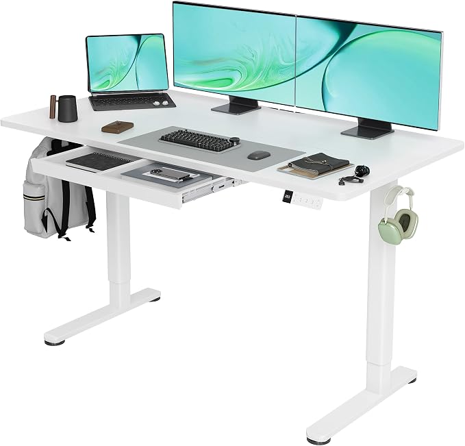 Claiks Standing Desk with Drawers, 55x24 Inch Stand Up Electric Adjustable Height Sit Stand Desk for Computer Workstation, White
