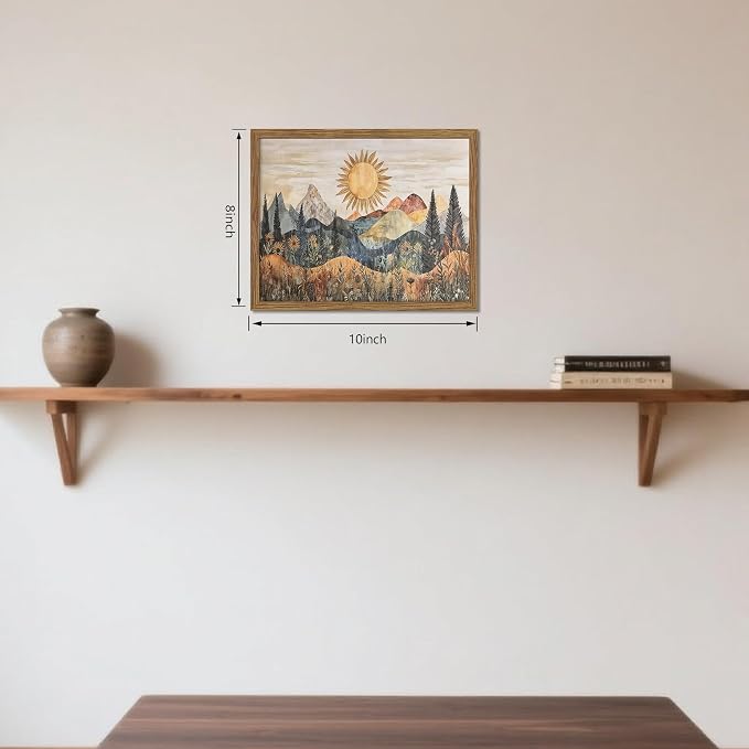 Framed Boho Sun Canvas Wall Art, Modern Abstract Mountain Landscape Painting, Southwestern Sun Poster Picture Print, Boho Floral Aesthetic Wall Decor for Bedroom Home Office 8x10 inch