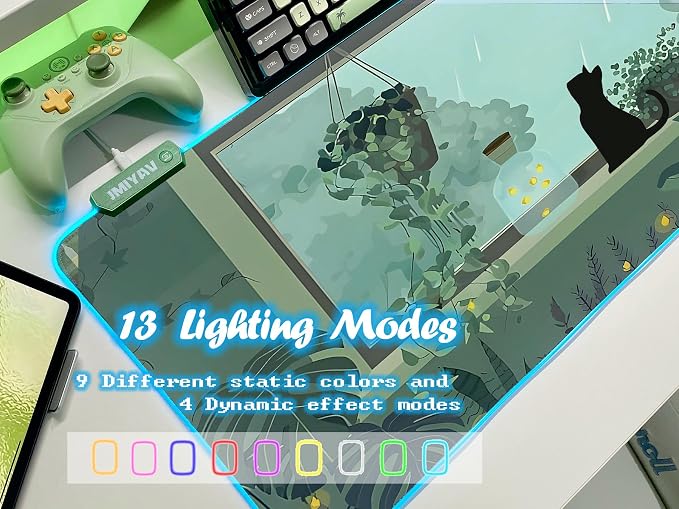 JMIYAV Black Kitten RGB Green Gaming Mouse Pad 31.5x12 Inch PC XL Large Glowing Led Light Up Desk Pad Non-Slip Rubber Base Computer Cute Mousepad Mat Desk Accessories Gaming Setup 31.5x12 Inch