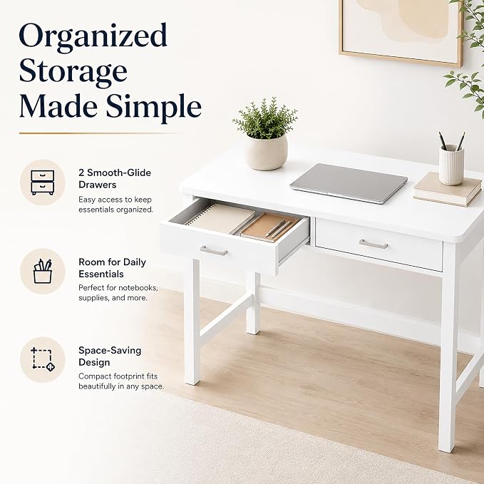 4NM 39.4" Small Desk with Wood Drawers, Home Office Computer Desk with Wooden Legs, Study Writing Table Vanity Desk for Small Spaces - White