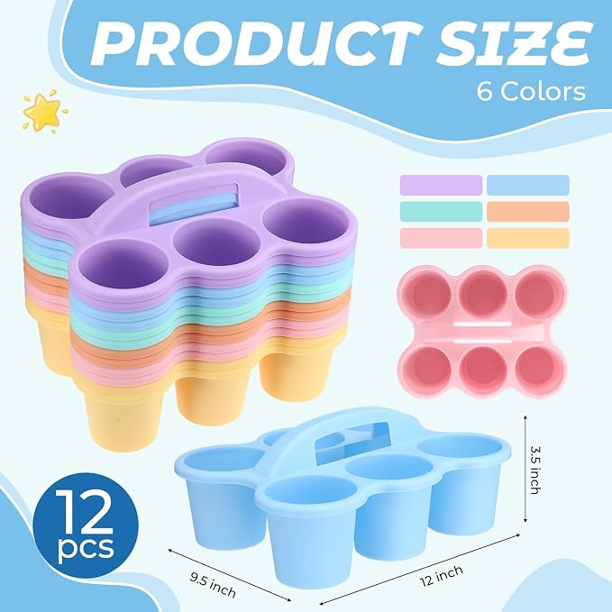 12 Pcs Classroom Caddy Bulk - Plastic 6 Compartments Table Storage Caddy with Handle for School Pencil, Crafts Marker, Crayon Art, Drink Cup Delivery (Macaron Colors)