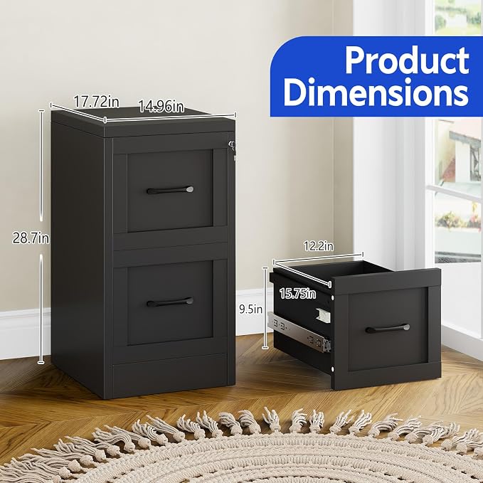 Small Metal 2-Drawer File Cabinet, Under-Desk Filing Cabinet, Black | Locking, Adjustable Hanging Rail, Fit A4, FC, Letter, Hanging File Folders for Home Office Storage Organization, 1PS