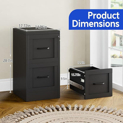 Small Metal 2-Drawer File Cabinet, Under-Desk Filing Cabinet, Black | Locking, Adjustable Hanging Rail, Fit A4, FC, Letter, Hanging File Folders for Home Office Storage Organization, 2PS