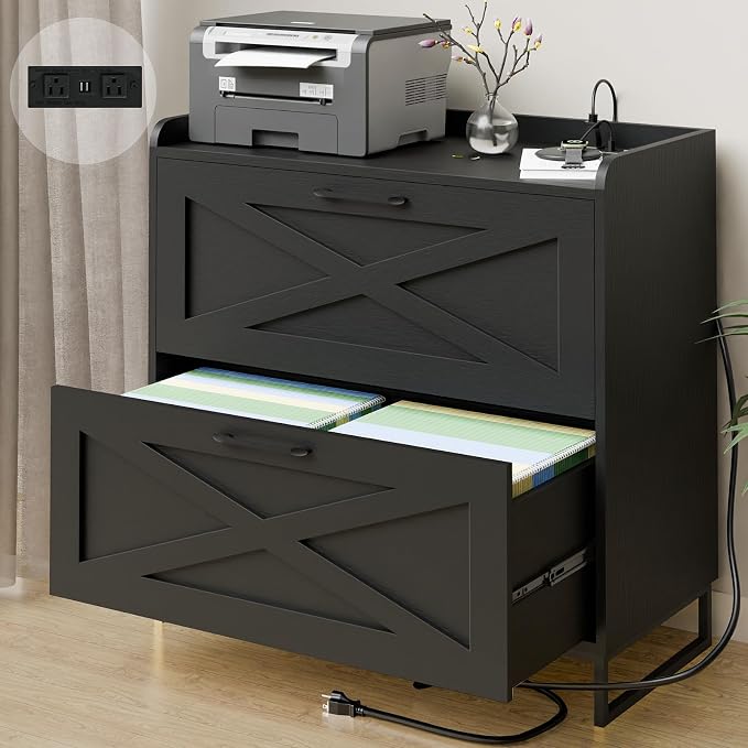 Lateral File Cabinet 2 Drawer File Cabinet with Charging Station for Legal/Letter/A4 Size Hanging Files, Modern Farmhouse Large Wood File Storage Cabinet Printer Stand for Home Office Furniture(Black)