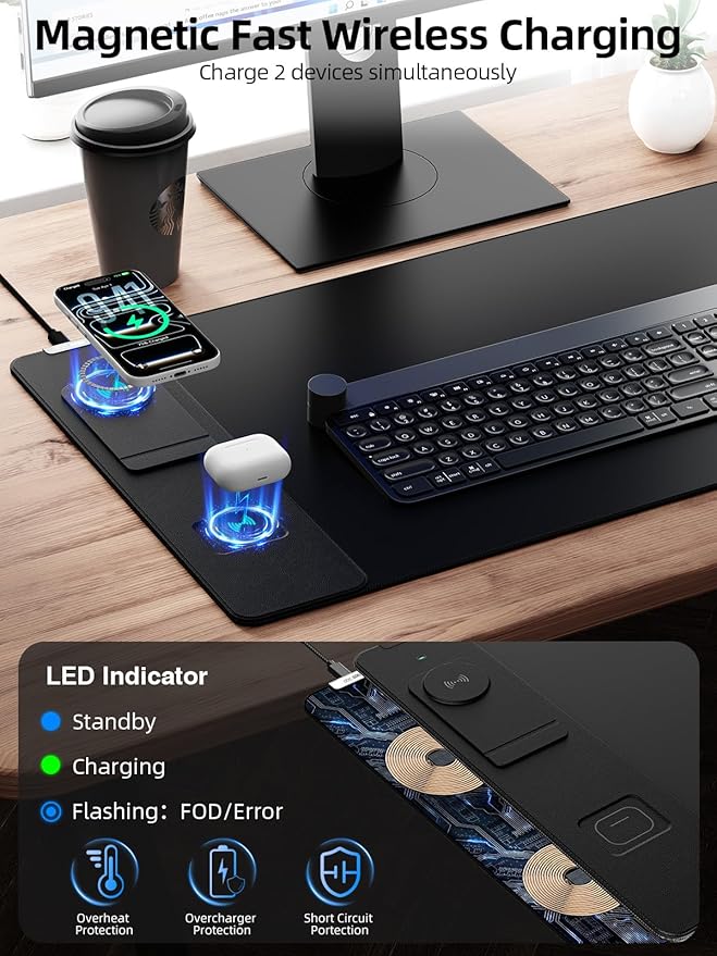 Wireless Charging Mouse Pad with Magnetic Phone Stand, 31.5"x15.8" Large | Waterproof Mousepad Desk Mat, Smooth Glide, Stitched Edge, Non-Slip Rubber Base, Computer Keyboard Mat, with Adapter