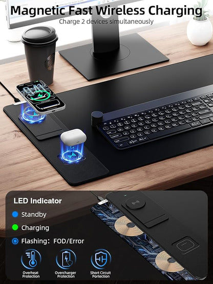 Wireless Charging Mouse Pad with Magnetic Phone Stand, 31.5"x15.8" Large | Waterproof Mousepad Desk Mat, Smooth Glide, Stitched Edge, Non-Slip Rubber Base, Computer Keyboard Mat, with Adapter
