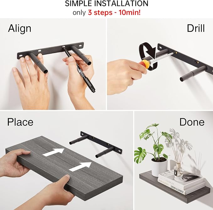 BAYKA Floating Shelves, Gray Wall Mount Wood Shelf 15.7in Set of 4 | Hidden Bracket Design, Max 22lbs Load, Multi-Wall Compatible, Easy Install, Ideal for Bathroom Bedroom Display Storage Decor