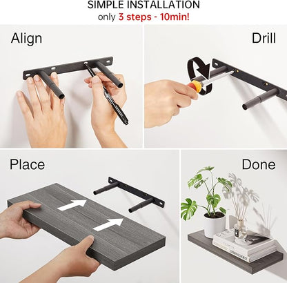 BAYKA Floating Shelves, Gray Wall Mount Wood Shelf 15.7in Set of 4 | Hidden Bracket Design, Max 22lbs Load, Multi-Wall Compatible, Easy Install, Ideal for Bathroom Bedroom Display Storage Decor