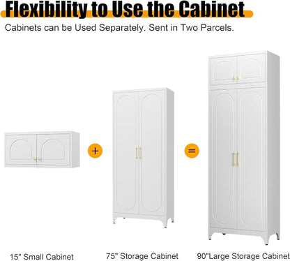 Metal Storage Cabinet with Doors, 90" Tall Kitchen Pantry Storage Cabinets with Adjustable Shelves, White Pantry Closet, Steel Large Cupboard, High Leveling Feet- Assembly Required