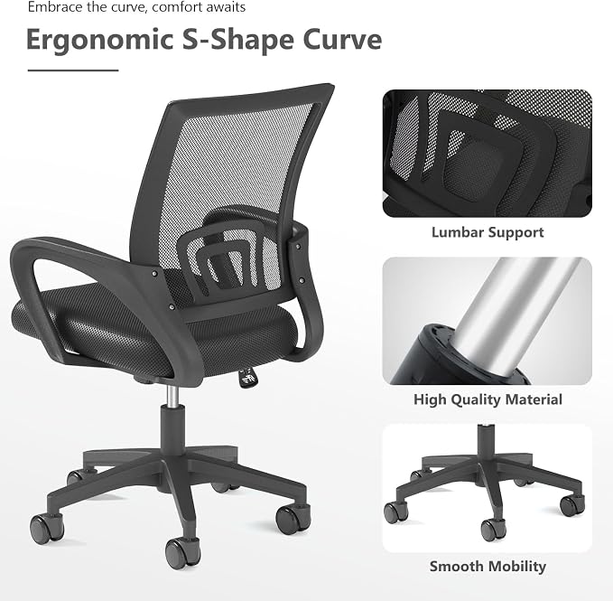 OS MOTOR Home Office Chair, Ergonomic Mid-Back Mesh Desk Chair with Lumbar Support, Adjustable Swivel Rolling Design, Comfy Armrest for Work, Study, Gaming, Vanity, Black