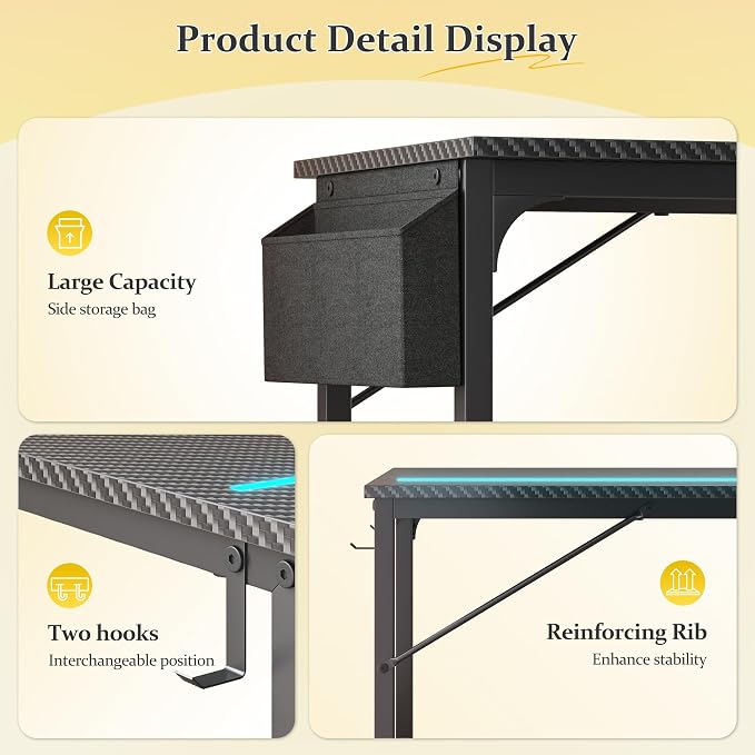 DurayLoly 71" Gaming Desk with LED Lights, Large Office Desk for 3 Monitors or 2 laptops,Long Desk with Storage Bag&Headphone Hook for Study Writing Work Wood Desk,Sturdy Metal Frame,Black