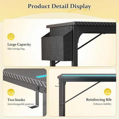DurayLoly 71" Gaming Desk with LED Lights, Large Office Desk for 3 Monitors or 2 laptops,Long Desk with Storage Bag&Headphone Hook for Study Writing Work Wood Desk,Sturdy Metal Frame,Black
