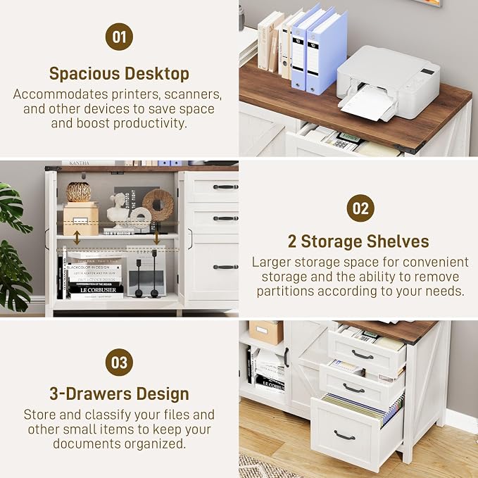 Farmhouse File Cabinet with Doors, Lateral Filing Cabinet with 3 Drawers for Letter/A4 Size Hanging Files, Large Wooden Storage Cabinet with Adjustable Shelves for Home Office, White and Brown