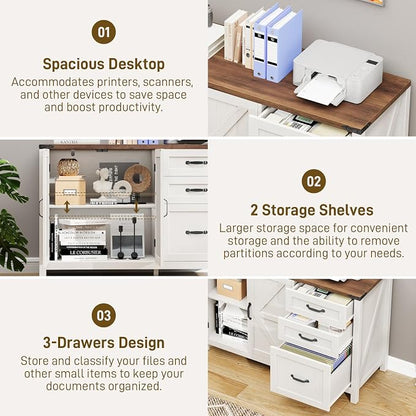 Farmhouse File Cabinet with Doors, Lateral Filing Cabinet with 3 Drawers for Letter/A4 Size Hanging Files, Large Wooden Storage Cabinet with Adjustable Shelves for Home Office, White and Brown