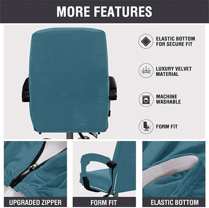 Velvet Plush Office Desk Chair Cover, Peacock Blue, XL | Stretchable, Ergonomic, Cat Proof Protector, For Office Desk Computer Chairs with Wheels & Armrests,Executive Rotating Chairs