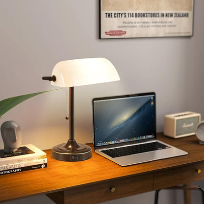 Vintage Desk Lamp Bankers Lamp - Plastic Lampshade Brown Retro Table Lamp with USB & Type C Charging Ports Traditional Library Lamp for Home Office Bedroom Nightstand Side Table Lamp(Bulb Included)
