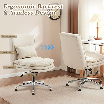 VINGLI Cloud Criss Cross Legged Chair,18" High Back Armless Home Office Desk Chair no Wheel,Wide Adjustable Comfy Padded Seat Task Computer Chair,Modern Swivel Makeup Vanity Chair,Microfiber,Beige