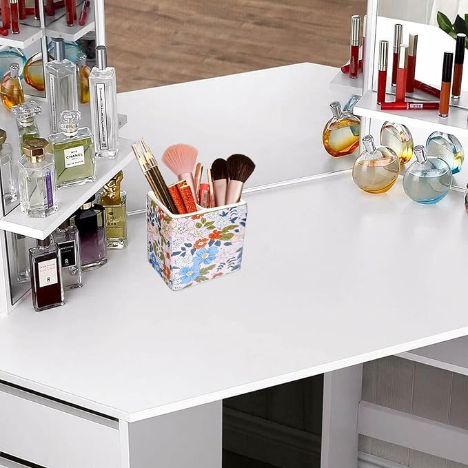 Pen Holder for Desk, Ceramic Pencil Cup, Stylish Abstract Terrazzo Marble Stone Print Organizer Makeup Brush Holders for Home Office (Flower)