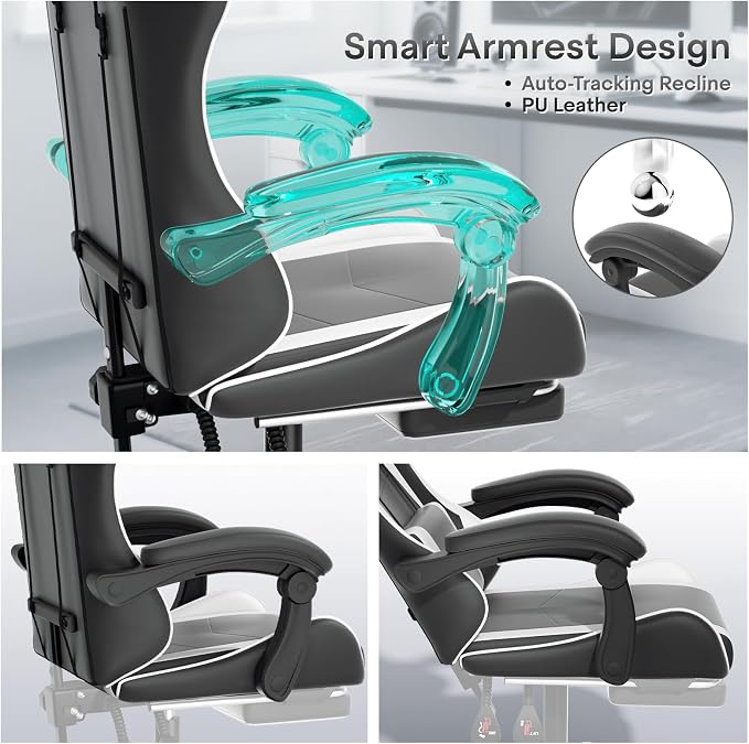 Athena Collection Ergonomic Gaming Chair with Footrest & Headrest Lumbar Support, Height Adjustable Swivel Office Chair Reclining Game Chair High Back Computer Chair for Adults, White