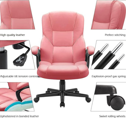 Furmax Office Executive Chair High Back Adjustable Managerial Home Desk Chair, Swivel Computer PU Leather Chair with Lumbar Support (1, Pink)