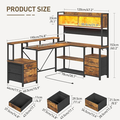 RALGEND 75" L Shaped Gaming Desk with Drawers, Computer Corner Desk with Storage Shelves for Home Office, Gaming Desk with Monitor Stand, Hutch, LED Light & Power Outlet, Rustic Brown and Black