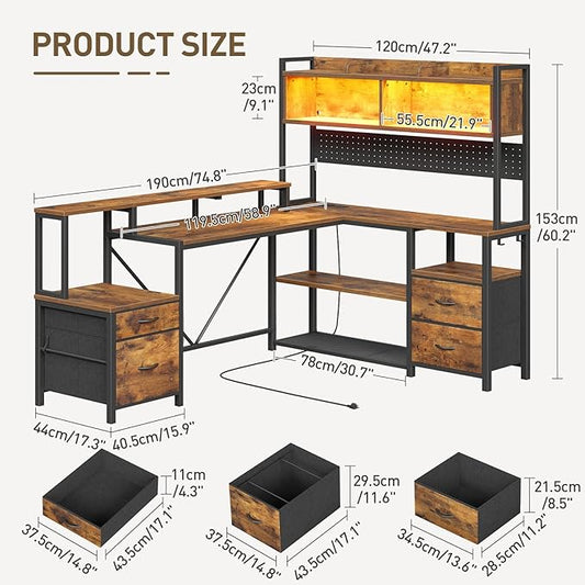 RALGEND 75" L Shaped Gaming Desk with Drawers, Computer Corner Desk with Storage Shelves for Home Office, Gaming Desk with Monitor Stand, Hutch, LED Light & Power Outlet, Rustic Brown and Black