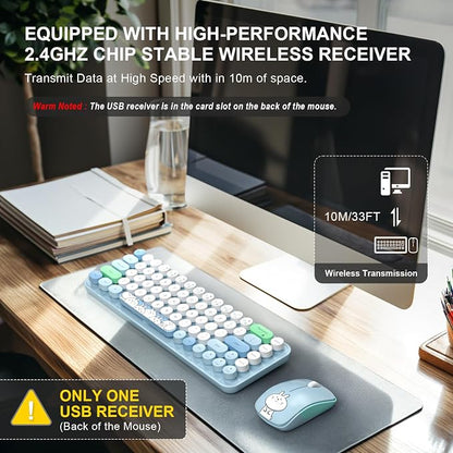 FOPETT Wireless Keyboard and Mouse Cute Mouse and Keyboard 2.4G Wireless Keyboards with Colorful 68 Keys Typewriter Retro Round Keycap for PC, Laptop,Tablet,Computer Windows - Blue Colorful