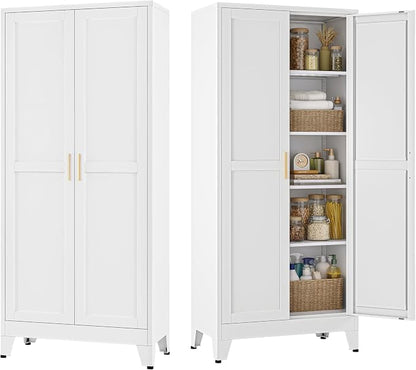 Bevivog Metal Kitchen Pantry Cupboard Cabinet, 71" White Storage Cabinets with 2 Doors and 4 Adjustable Shelves for Kitchen/Home Office/Dining Room/Living Room