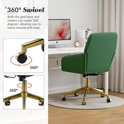 YISHENG Velvet Office Desk Chair with Gold Base, with Wheels,Modern Height Adjustable 360 Degree Swivel Upholstered Vanity Chairs with Arms for Living Room Bedroom,Green