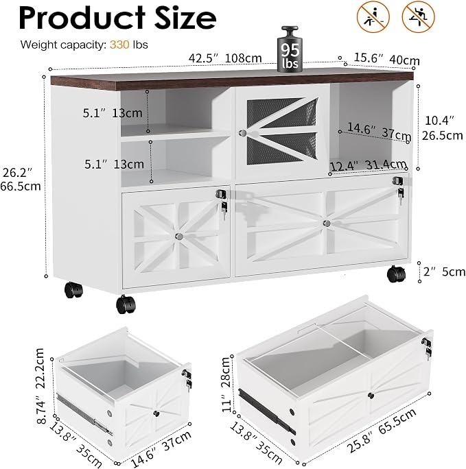 kepptory 2 Drawer File Cabinet with Lock, Rolling File Cabinet for Home Office Fits Files Letter/Legal/F4/A4, Filing Cabinet 2 Drawer with Adjustable Shelf & 2 Lockable Wheels (White + Brown)