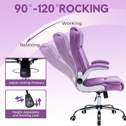 400lbs Executive Office Chair with Flip-Up Armrests, Big and Tall Computer Chair for Heavy People, Heavy Duty Ergonomic Comfy Chair, Breathable Plush Velvet(Purple)