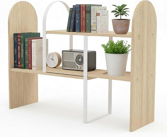 Maplefield Desk Hutch Expandable Shelf Organizer, Natural Finish, Engineered Wood Desktop Storage Rack for Office, Dorm, or Home – Adjustable Over Desk Bookshelf for Supplies, Decor & Accessories