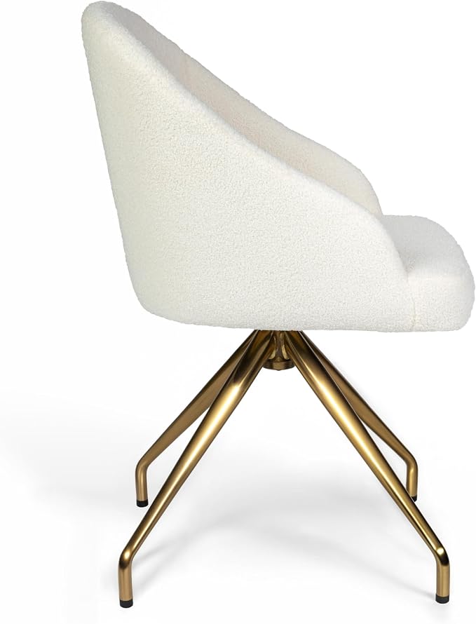 Martha Stewart Sora Stationary Swivel Task Chair with Sloped Arms for Home Office in Off White Boucle with Polished Brass Frame