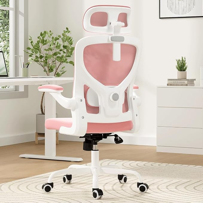 Soohow Office Chair, Ergonomic Office Mesh Desk Chair with Adjustable Back Support, High Back Comfy Computer Swivel Chair with Headrest, Lumbar Support for Study Room, Gaming and Office, White & Pink
