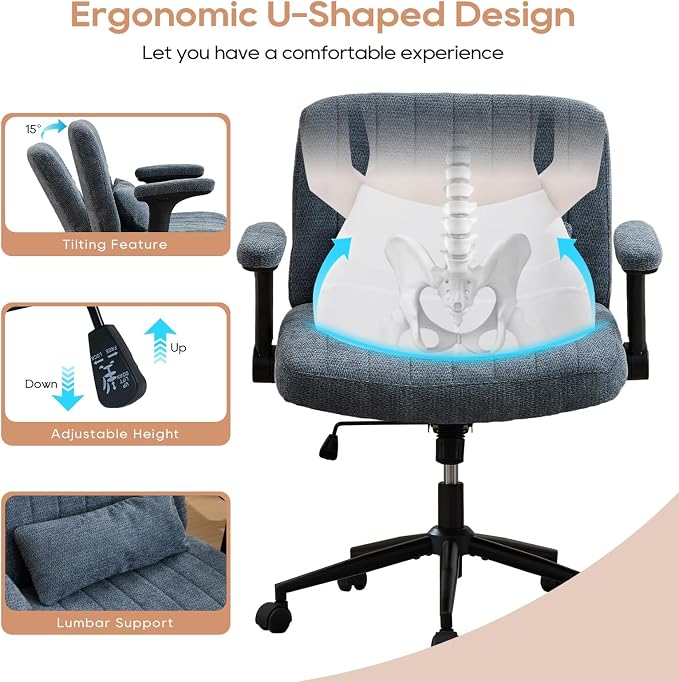 IPKIG Criss Cross Chair with Adjustable Flip-up Arms, Vanity Chair with Wheels, Comfy Desk Chair with Lumbar Pillow Swivel Wide Office Chair for Home Office, Bedroom, Chenille, Blue