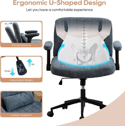 IPKIG Criss Cross Chair with Adjustable Flip-up Arms, Vanity Chair with Wheels, Comfy Desk Chair with Lumbar Pillow Swivel Wide Office Chair for Home Office, Bedroom, Chenille, Blue