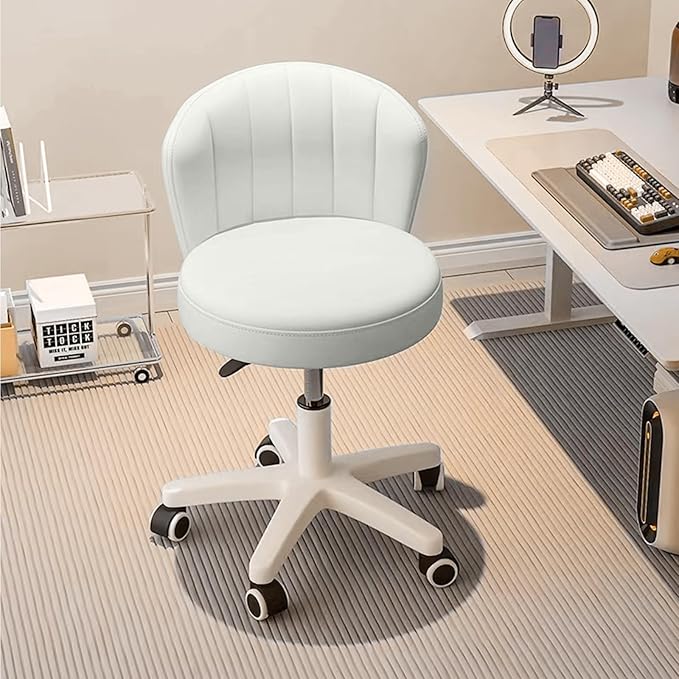 Small Desk Chair Round Rolling Chair with Back PU Leather Height Adjustable Swivel Vanity Work Computer Stool Chair for Home Office Bedroom, Set of 1